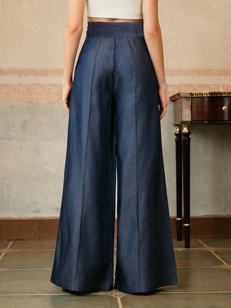 Pantalon décontracté à taille haute et jambes larges avec taille élastique pour femmes