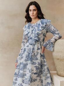 女士新款印花深V领荷叶边喇叭袖连衣裙，优雅时尚，春夏皆宜，夏季度假必备单品 - 藍色 - 查看 5