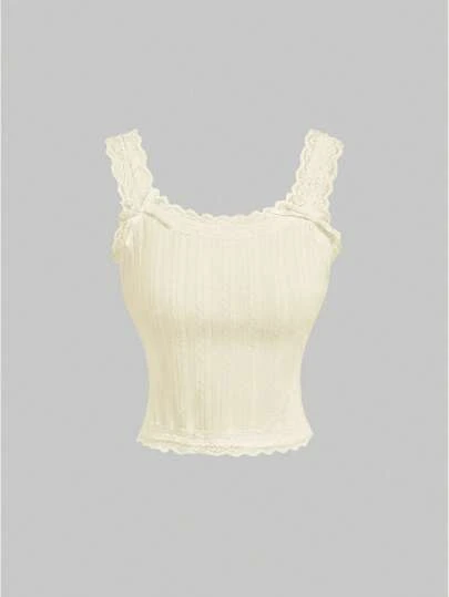 SHEIN MOD Lace Trim Jacquard Textured Bow Ribbon Decor Camisole, Summer Tops Women, Knit Tops, Cream Top,