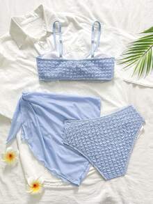 SHEIN 3件套少女碎花针织面料连体泳衣，适合海滩、泳池、冲浪、度假、夏季旅行 - 彩色 - 查看 2