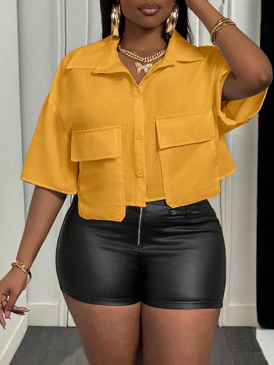 Slaydiva 女士休闲白色Polo领短袖工作服衬衫，带口袋，A款；女士休闲口袋短袖衬衫，宽松露脐白色落肩衬衫；春夏休闲日常穿着加大码黄色上衣 - 芥末黃 - 查看 1