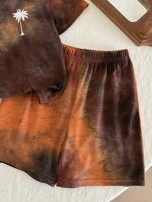 SHEIN 男童扎染短袖T恤和短裤套装 - 綠色 - 查看 5