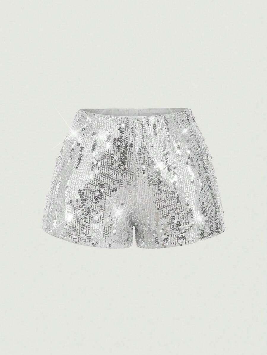 SHEIN MOD 女士纯色亮片时尚短裤 - 銀色 - 查看 1
