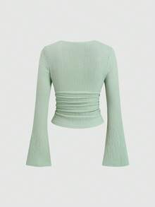 Sweetra Women Sage Green Elegant Fall Winter Date T-Shirt,Textured Lace Trim Tie Bow Design Flare Sleeve Elastic Tight Fitted Top For Party,Commute,,Travel - Mint Green - View 2