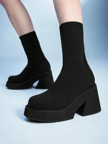 Sugerpunk Women's Embroidered Round Toe Platform Mid-Calf Boots, Fashionable Ankle Boots With Western Style Valentine's Day - Black - View 4