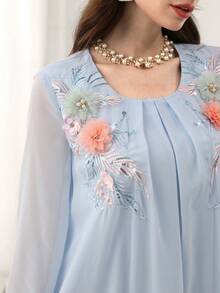 Yasmyna 3D Beaded Collar Floral 2 In 1 Blue Arabic Maxi Dress - Blue - View 3