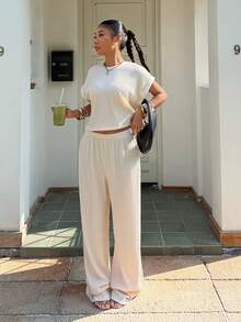 Muchica 杏色针织上衣和裤子休闲家居服套装 - 杏色 - 查看 4