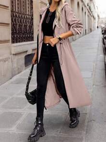 SHEIN LUNE 女式纯色长袖抽绳腰连帽长款休闲风衣，秋季 - 藕粉色 - 查看 6