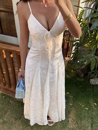 DAZY Textured Waist Cinching Midi Dress With Flared Skirt For Women