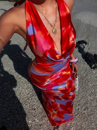 Opulessa Đầm nữ in hoa, cổ khoét sâu, dáng đuôi cá, phong cách nghỉ mát.