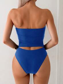 Swim Lushoire Solid Color Bandeau Tankini Set, Vacation & Beach - Teal Blue - View 2