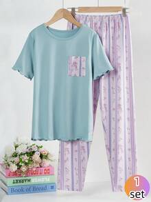 Girls Ditsy Floral Knit Casual Pajama Set With Short Sleeve Top And Long Pants, Fresh Home Wear For Spring/Summer - Multicolor - View 5