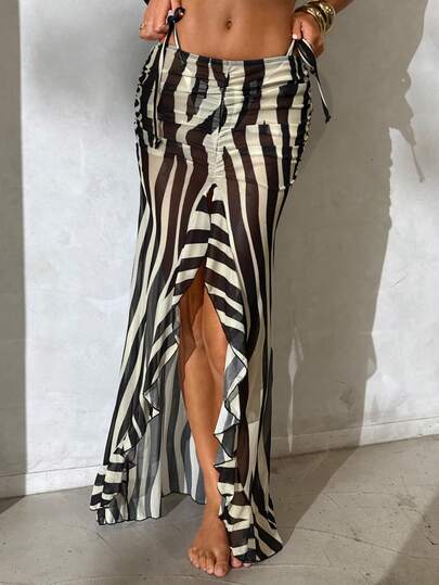 Aloruh Women's Spring/Summer New Zebra Print Sheer Maxi Skirt, Sexy Elegant Tropical Rainforest Print Bohemian Beach Dress With Ruffle Hem High Slit Beach Cover Up Spring To Summer Holiday Outfits For Women Women's Beach Cover Up Zebra Print Cover-Up Elegant Women's Cover-Up Elegant Women's Beach Swimsuit Beach Outfits For Women Elegant Women's Beach Cover Up Women Beach Sarong Beach Cover Ups For Women Vacation Outfits Women Summer Holiday Outfits Resort Wear Women Beach Vacation Outfits For Women Tropical Vacation Outfits