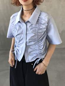 FRIFUL Camisa de verano para mujer con cuello regular, frente con cordón y mangas cortas - Azul - Ver 3