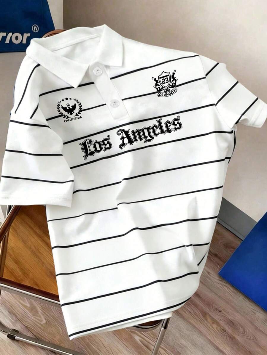 Manfinity Joysei Men's Casual Minimalist Black & White Striped Letter Polo Shirt, Suitable For School, Outings And Gifting To Friends - White - View 1