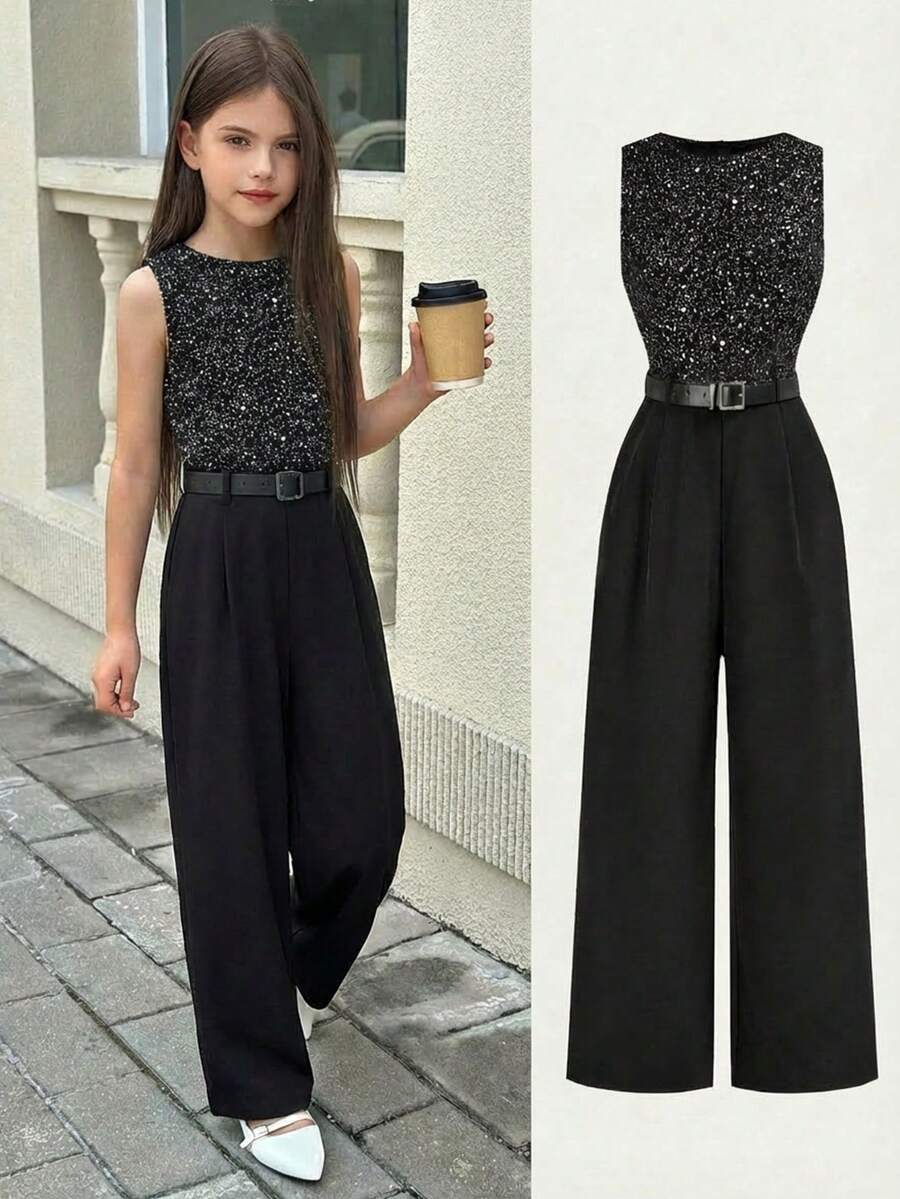 Firerie Kids 少女休闲优雅通勤亮片装饰连体裤 - 黑色 - 查看 1