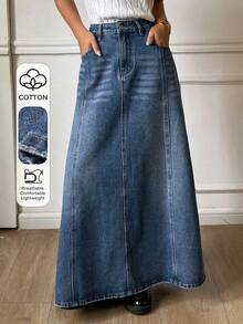 DAZY 复古A字牛仔裙，做旧复古优雅长裙，女士秋冬款 - 藍色 - 查看 1