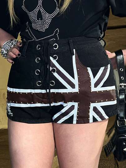 Grunge Punk Plus Size Vintage American Flag Print Rivet Punk Women Denim Mini Shorts
