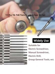 11件套长柄Torx安全头螺丝刀钻头套装，1/4英寸六角柄S2钢Torx螺丝刀头套装，T6 T7 T8 T9 T10 T15 T20 T25 T27 T30 T40，工具配件 - 銀色 - 查看 6