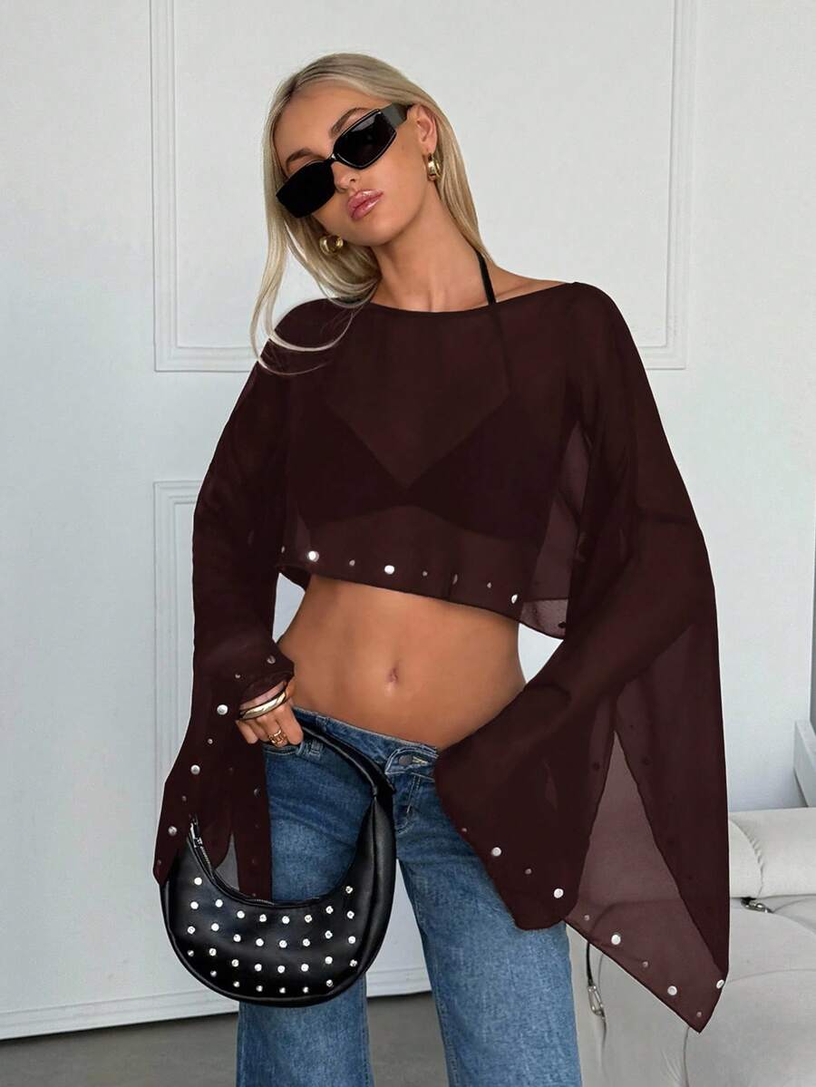 SHEIN EZwear Women's Solid Color Cropped Fashionable Versatile Chiffon Blouse, Spring/Summer 2026 New Arrival Brown Top See Through Tops Coffee Brown Top Dark Brown Top Chocolate Brown Top See Through Long Sleeve Top Sexy Blouses Bell Sleeve Tops Brown Crop Top Dark Brown Tops,Summer Top Trending Outfit - Chocolate Brown - View 1