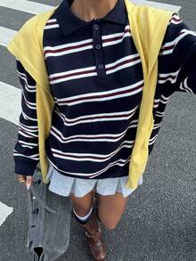 Muchica Women's Casual Everyday Striped Polo Collared Long Sleeve Sweater,Back To School ,Fall / Winter Clothes For Women,Blockette Style