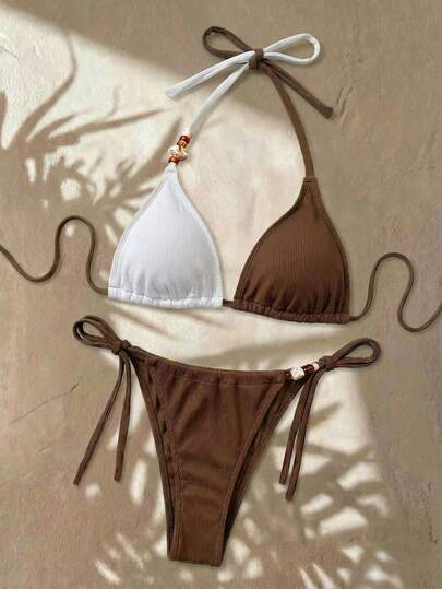 Swim SXY 夏季海滩度假新款泳衣套装，撞色不对称性感三角罩杯比基尼套装，性感两件式泳衣，舒适纹理面料泳衣套装，大码泳衣套装