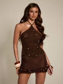 SHEIN BAE Women's Fashionable Beaded Backless Sexy Camisole Top, Summer - Brown - View 7