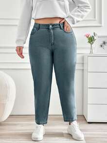 RueChic 大码女式高腰口袋锥形休闲百搭牛仔裤 - 淺色水洗藍 - 查看 1