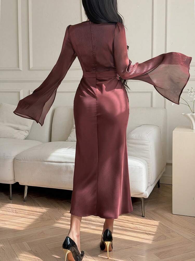 Women's Waist Cinched Midi Dress For Formal Occasions Wedding Guest Dress Sundress