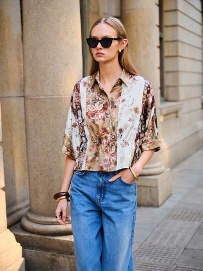 Lumivelle Women's Asymmetrical Vintage Print Loose Batwing Sleeve Elegant Vacation Blouse, Spring/Summer