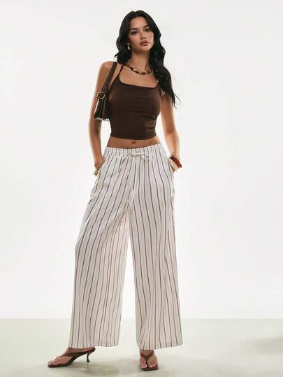 Poéselle Women's Drawstring Waist Striped Pocket Wide Leg Loose Casual Pants,Striped Wide Leg Lounge Pants For Women, High Waist Drawstring Loose Trousers, Lightweight Casual Summer Travel Outfit,Beach Cover-Up Bottom,French-Style Pants