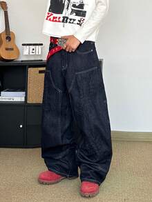 STEELVANCE Street Fashion Shoes Print 3D Rivet Design Simple Solid Color Versatile Loose Wide-Leg Jeans Rave - Blue Black - View 5