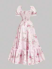 SHEIN MOD 粉色印花维多利亚风格蕾丝荷叶边长裙——复古礼服、派对礼服、舞会礼服；做工精致，完美适用于度假、约会、野餐、派对、舞会、节日和生日等场合；浪漫可爱 - 粉色 - 查看 6