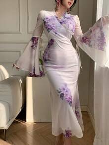 DAZY Đầm ren hoa thanh lịch mùa xuân & hè, đầm ôm dáng bằng chiffon xuyên thấu phối nhiều mảnh vải, thích hợp cho đám cưới, tiệc tùng, các dịp trang trọng, hoặc mặc đi làm. - Màu tím - Xem 4