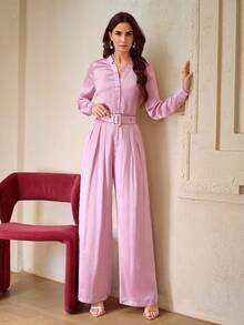 ZEYLAH 两件套印花衬衫，饰有3D立体花卉图案，搭配宽松薄纱阔腿裤，春夏款 - 紫色 - 查看 6