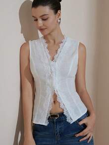 Revavyn French Retro Minimalist Versatile V-Neck Faux Linen Lace Trim Sleeveless Top For Women - White - View 4