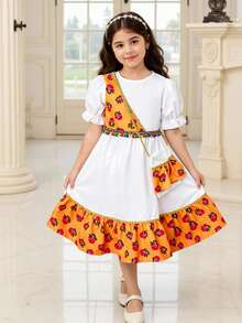 SHEIN Young Girls White Floral Print Short Sleeve Dress With Crossbody Bag,Middle Eastern Style Tassel Decor For Summer,Church & Brunch - Yellow - View 1