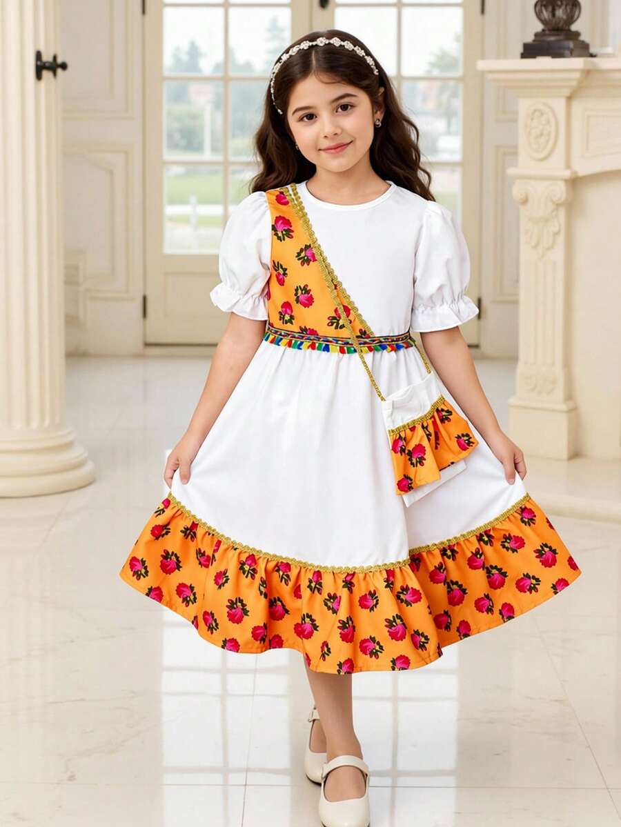 SHEIN Young Girls White Floral Print Short Sleeve Dress With Crossbody Bag,Middle Eastern Style Tassel Decor For Summer,Church & Brunch - Yellow - View 1