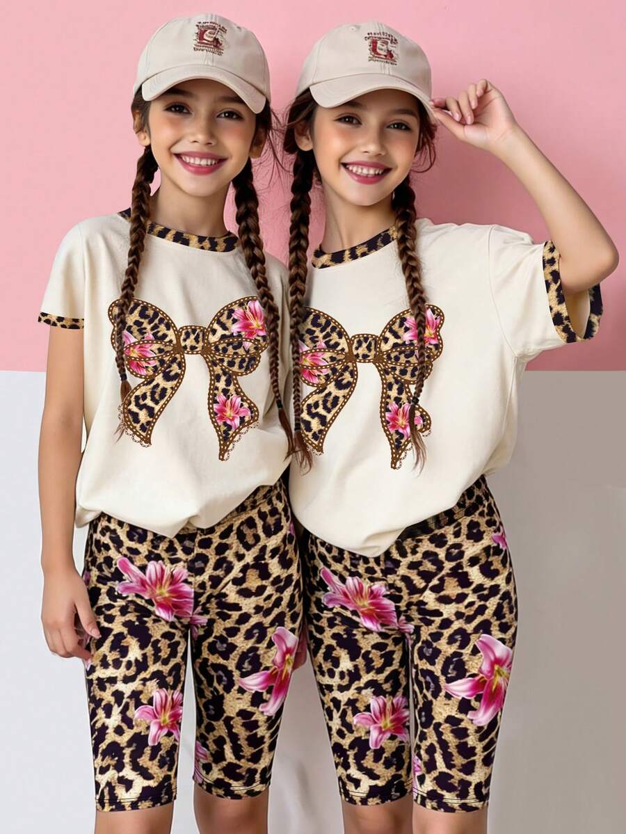 一套女童豹纹百合印花套装，包括豹纹滚边T恤+蝴蝶结装饰和配套豹纹花卉印花长裤，甜美又时尚的混搭风格，适合日常穿着。 - 彩色 - 查看 1