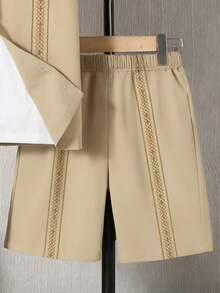 2pcs/Set Fashionable Casual Shirt Outfit For Teen Boys, Spring/Summer, Includes Printed Shirt And Pants, European And American Youth Daily Wear And Social Occasions - Apricot - View 4