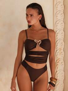 Swim Chiccia Asymmetrical U-Shaped 3-Tier Brown Vacation Beach Elegant Mature Bikini Top - Brown - View 3