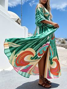 INAWLY Women's Vacation Striped Batwing Sleeve Tie Waist Casual Midi Dress - Green - View 3