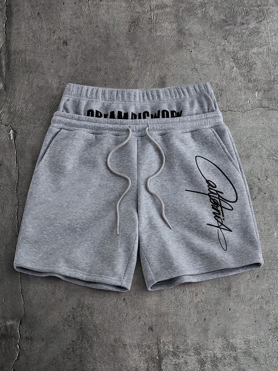 AXEPEAK 男士字母印花抽绳腰带口袋休闲百搭日常短裤 - 淺灰色 - 查看 1