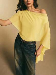 Poéselle Women's Solid Color Poncho Design Elegant Bodysuit - Yellow - View 5