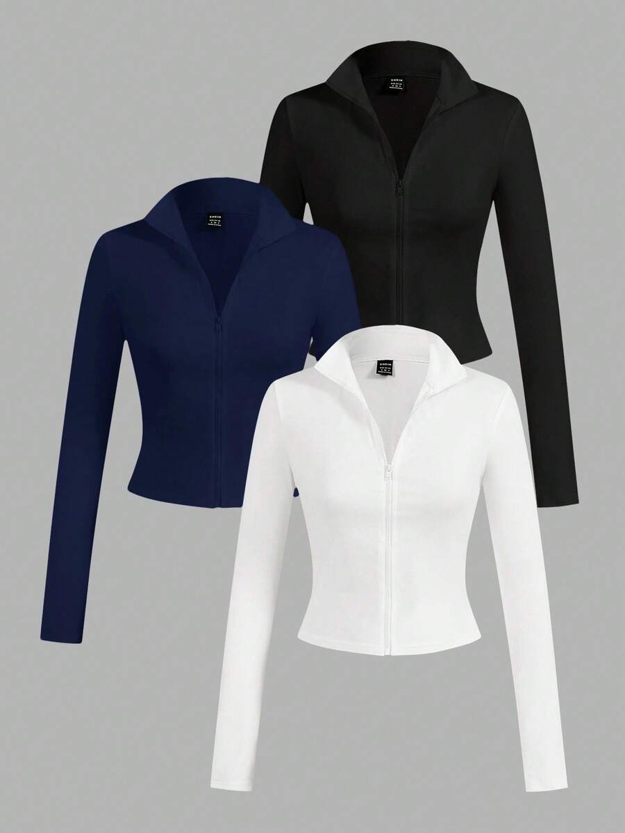 SHEIN EZwear 3件套休闲简约白色、黑色、藏蓝色针织拉链长袖T恤(女款) - 彩色 - 查看 1