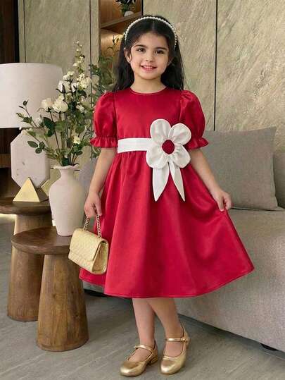 Elegant satinklänning för ung flicka med 3D-blommor, lämplig för fester och evenemang, röd puffärmad klänning, ramadankläder, prinsessklänning i kontrastfärg