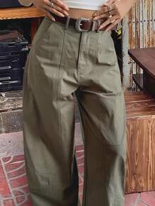 Livesso Women's Casual Solid Color High Waist Simple Everyday Pants - Olive Green - View 6