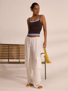 MUSERA 双层吊带方领吊带背心，度假波西米亚风，伊比沙岛风情，优雅可爱，春夏复活节假期机场休闲风。 - 藍色 - 查看 5