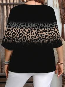 EMERY ROSE Plus Size Women Casual Leopard Print Patchwork Short Sleeve Shirt, Suitable For Summer - Multicolor - View 2