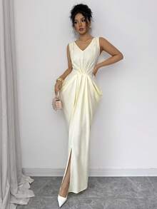 Elenzga Women's Spring/Summer Elegant Dress, V-Neck, Pleated, Waist Cinched, Sleeveless, Casual, Romantic, Vacation, Pale Yellow - Light Yellow - View 3